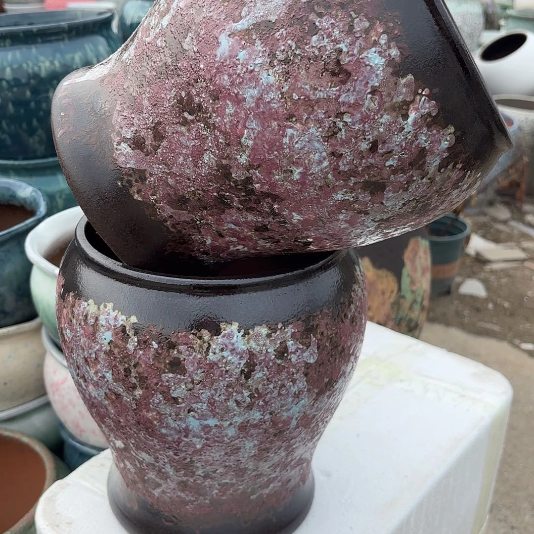 紫砂花盆酱紫坛子两个口径18高度22