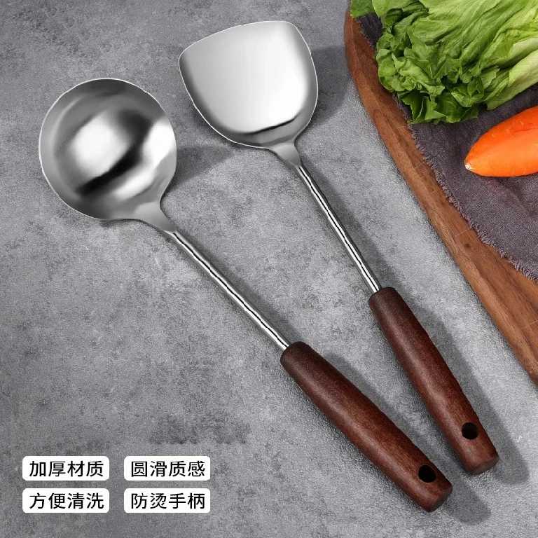 新疆包邮-古木柄锅铲炒菜铲子家用不锈钢锅铲饭馆炒菜勺子汤勺
