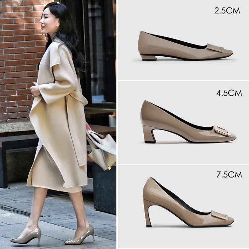 经典rv漆皮方扣单鞋女低跟法式优雅百搭浅口方头中跟rv方扣单鞋