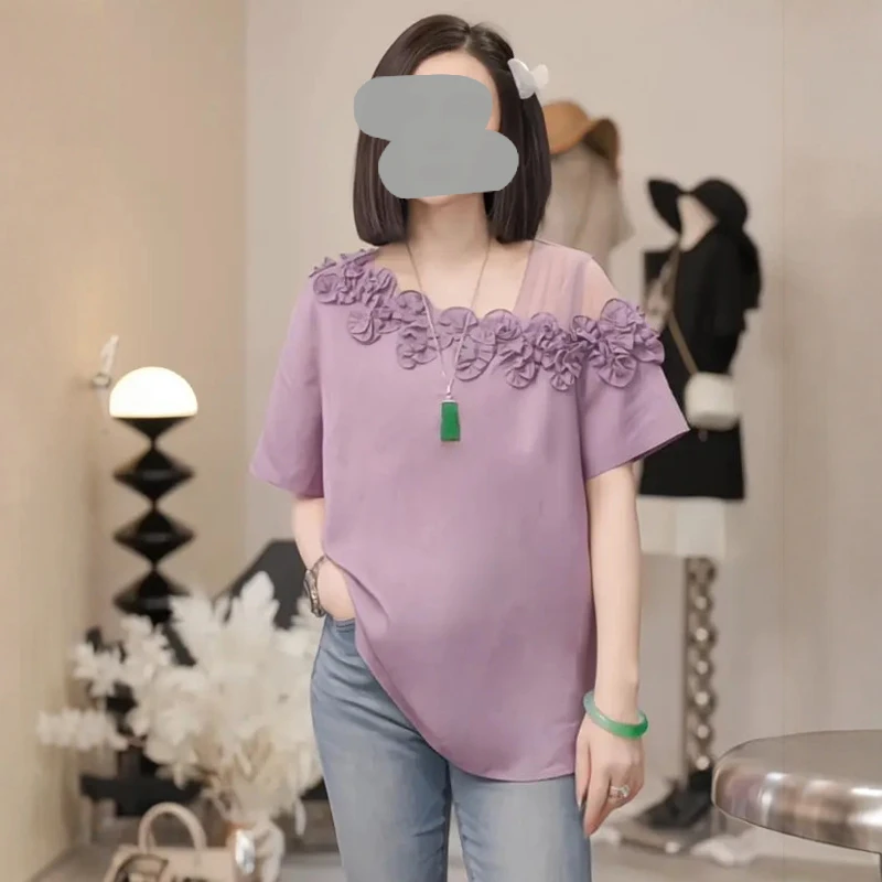 设计感网纱拼接立体花朵短袖T恤女2025夏季新款时尚百搭显瘦上衣