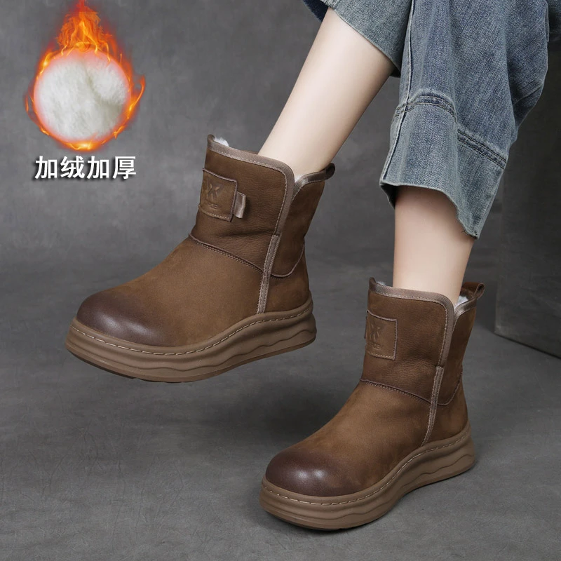 2025冬季头层牛皮保暖雪地靴真皮复古加厚棉靴女士低跟短靴女