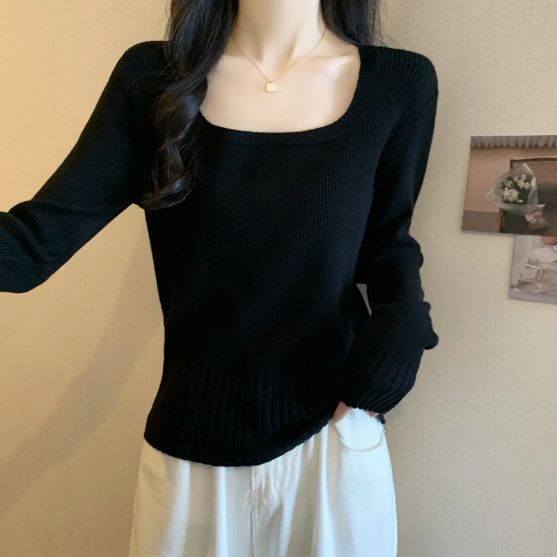 大码遮肚子黑色方领正肩长袖打底针织衫女秋冬胖妹妹显瘦百搭上衣