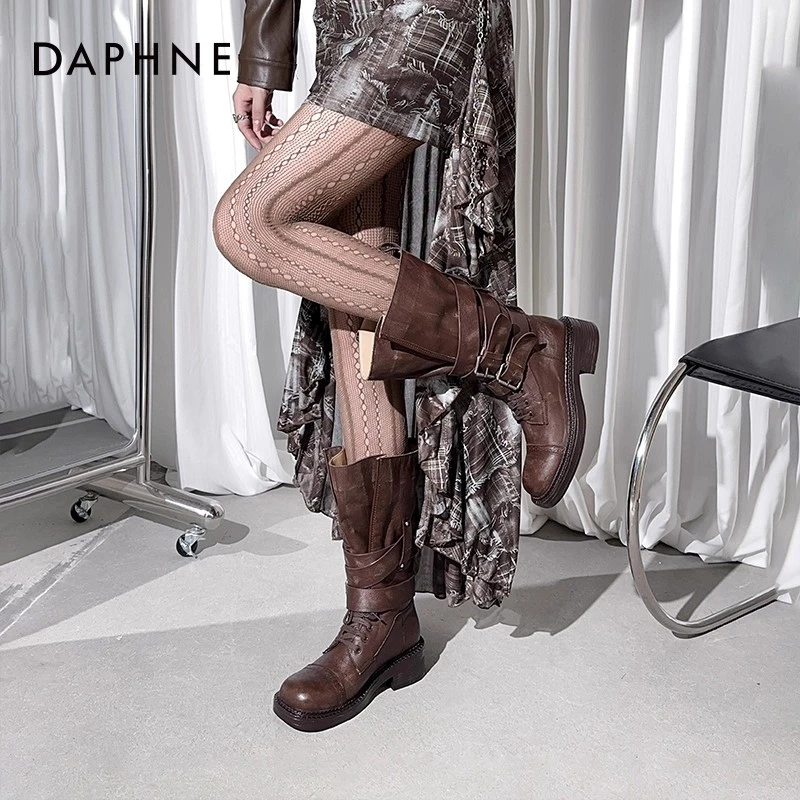 达芙妮新款棕色靴子女款2025夏季厚底美拉德短靴草原西部靴马丁靴