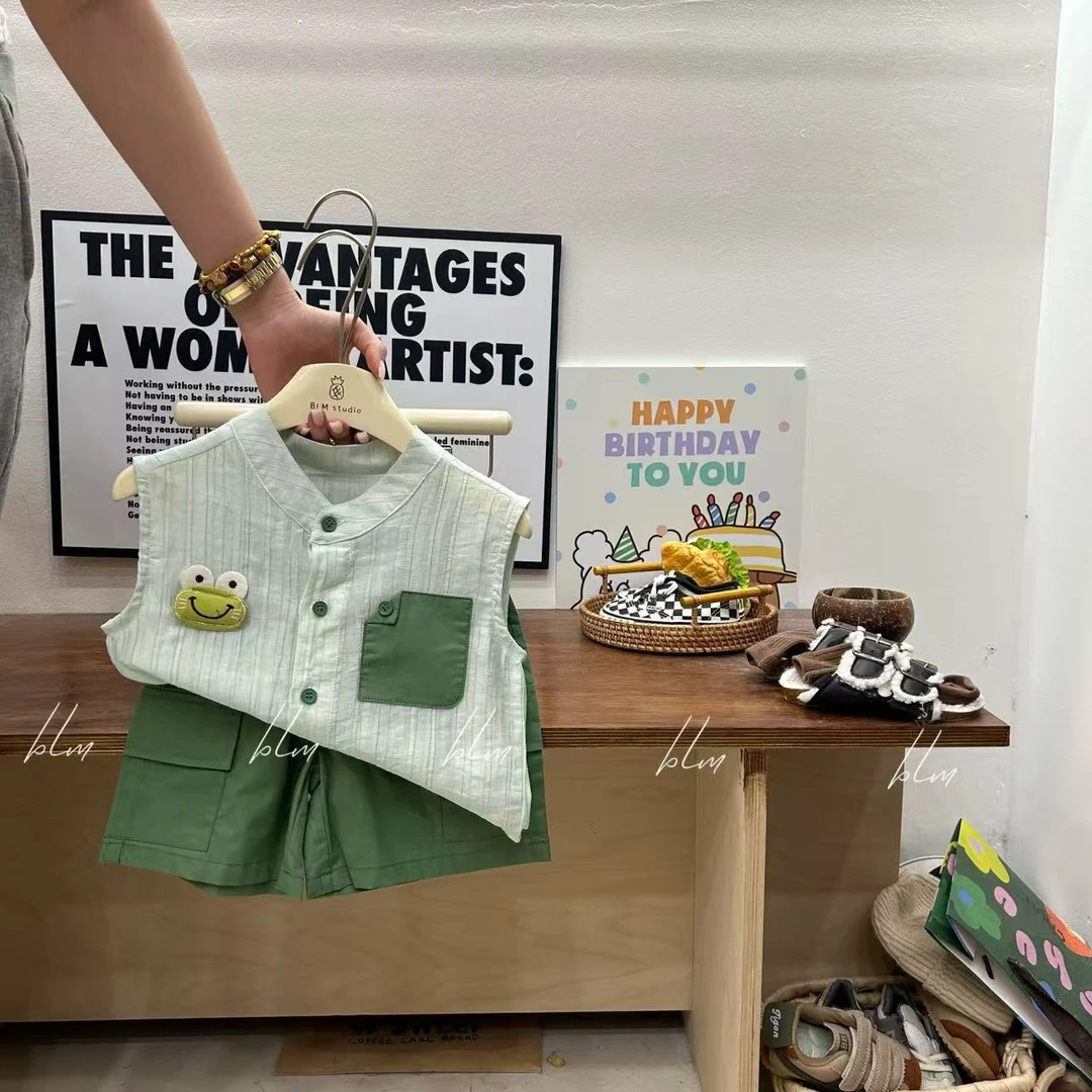 男童新中式国风唐装2025新款宝宝夏季背心套装儿童时髦坎肩两件套