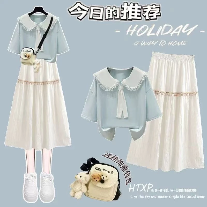 夏装甜美少女连衣裙2025新款初高中学生洋气娃娃领短袖套装裙子