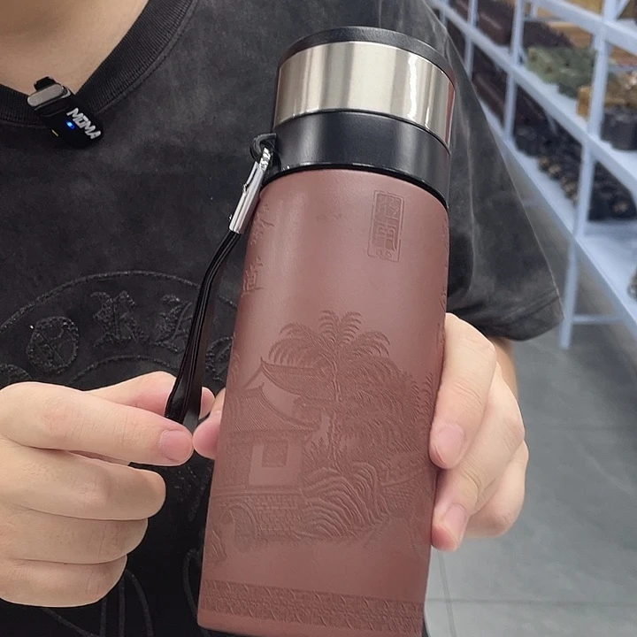 茶杯紫砂龙血砂刻绘茶道双层车载杯