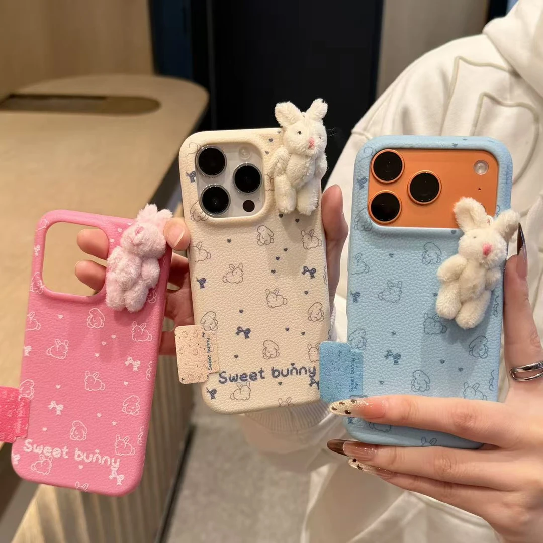 GGBond毛绒粉白兔标签适用苹果17皮纹16手机壳华为vivo小米15oppo