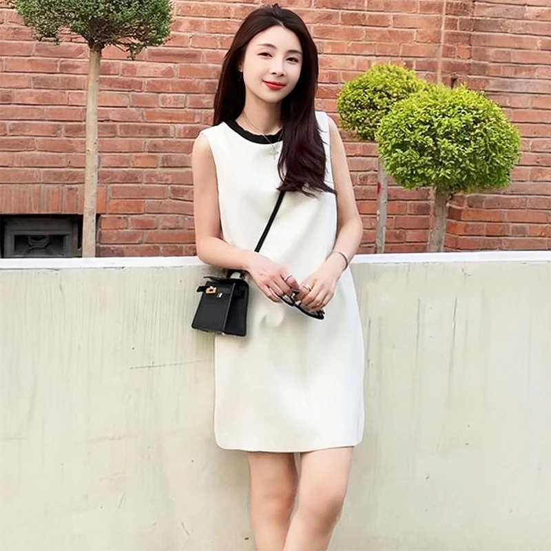 E284夏季拼色小众无袖小香风背心连衣裙子高级感轻奢气质显瘦短裙