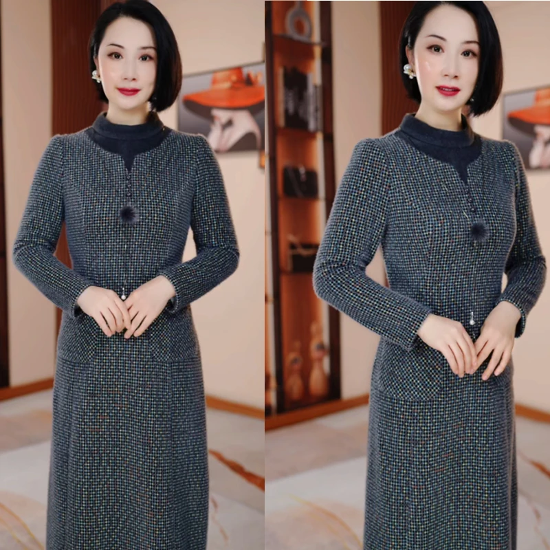 小格纹冬季加厚修身显瘦遮肉连衣裙H5B507气质高雅2025新款时尚