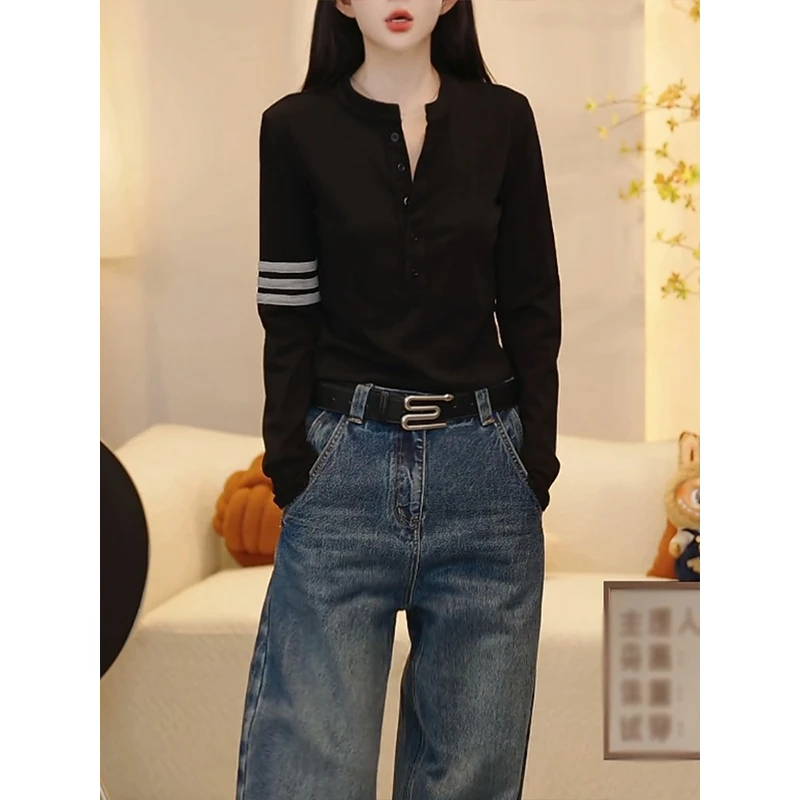 美式v领修身长袖T恤女2025秋季新款休闲风正肩显瘦内搭半开领上衣