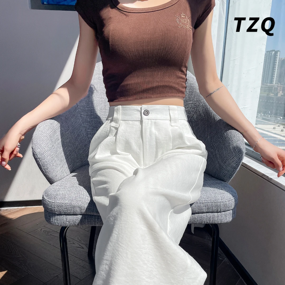 休闲白色阔腿裤女夏2025轻薄裤子松弛垂感冰丝奶芙裤TZQ2551227