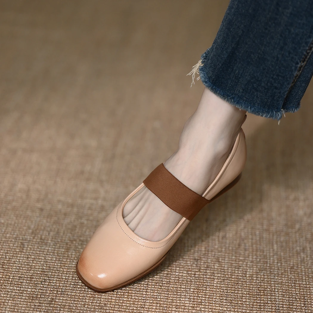 2025新款棕色玛丽珍鞋女真皮复古方头单鞋松紧带芭蕾舞鞋