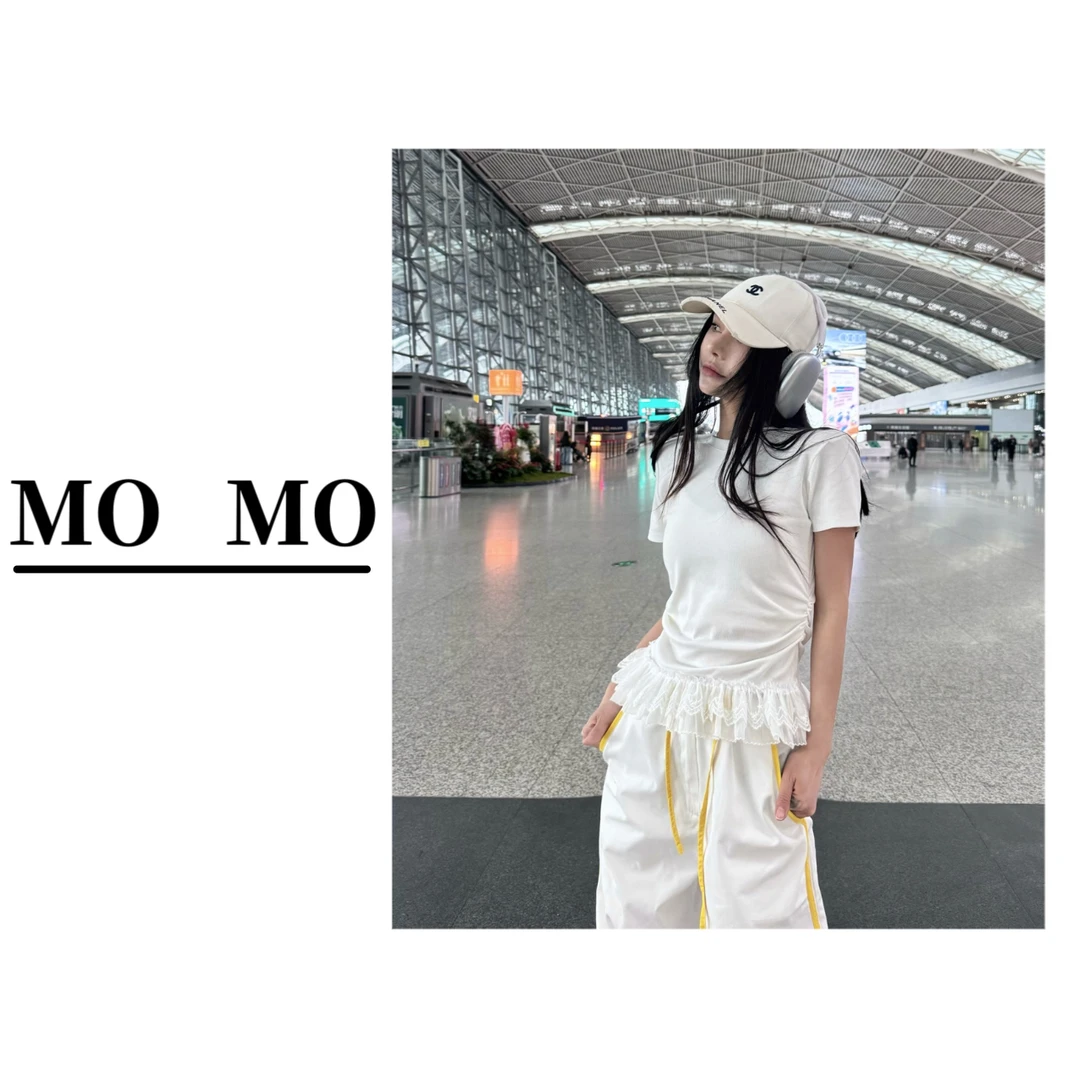 MOMO【芭蕾少女·T恤】2025新款蕾丝拼接短袖设计感显瘦打底女百搭
