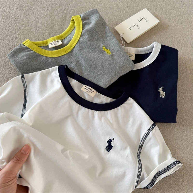 儿童短袖2025夏季新品男女童撞色刺绣短袖T宝宝简约T恤衫潮