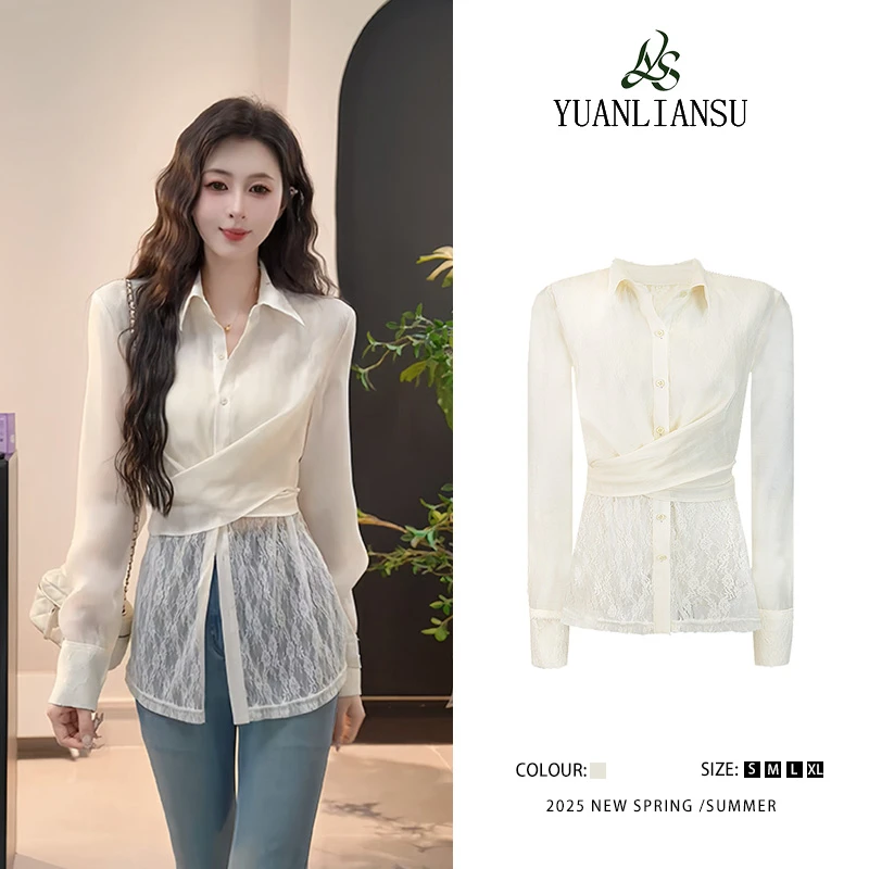 YUANLIANSU/圆脸酥【春日诗】法式复古蕾丝拼接交叉绑带长袖衬衫女