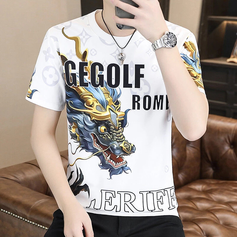 高档冰丝短袖T恤男士夏季新款时尚印花半袖百搭洋气帅男休闲上衣