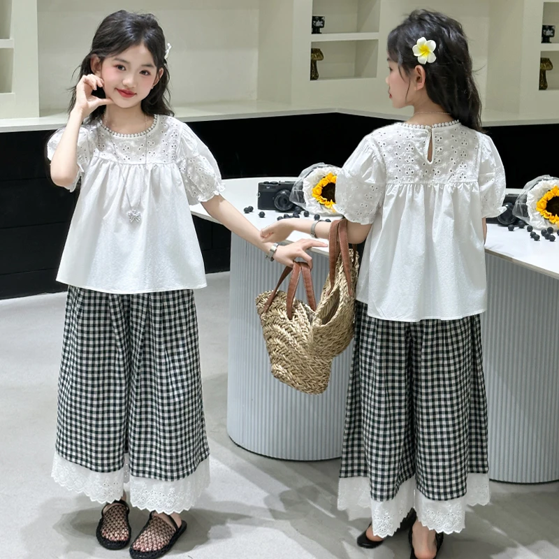 女童夏季韩系套装2025新款6-12岁15岁中大儿童洋气短袖格子阔腿裤