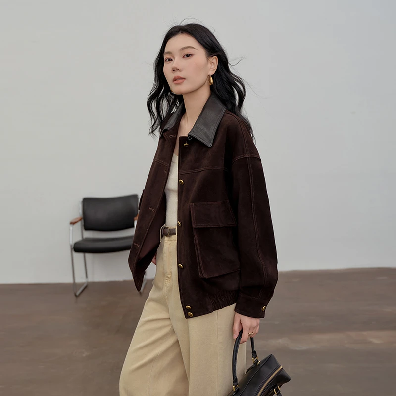 卡洛尔菲真皮皮衣外套女绒面2025新款爆款绵羊皮酷飒风咖色美式