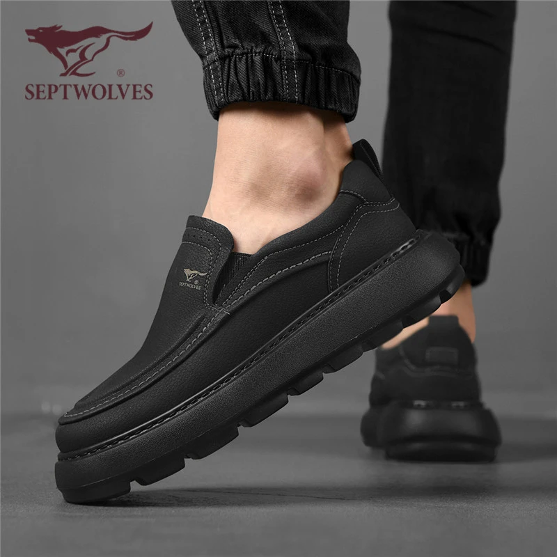 七匹狼一脚蹬男鞋秋季舒适软底黑色休闲皮鞋男款潮流百搭厚底板鞋