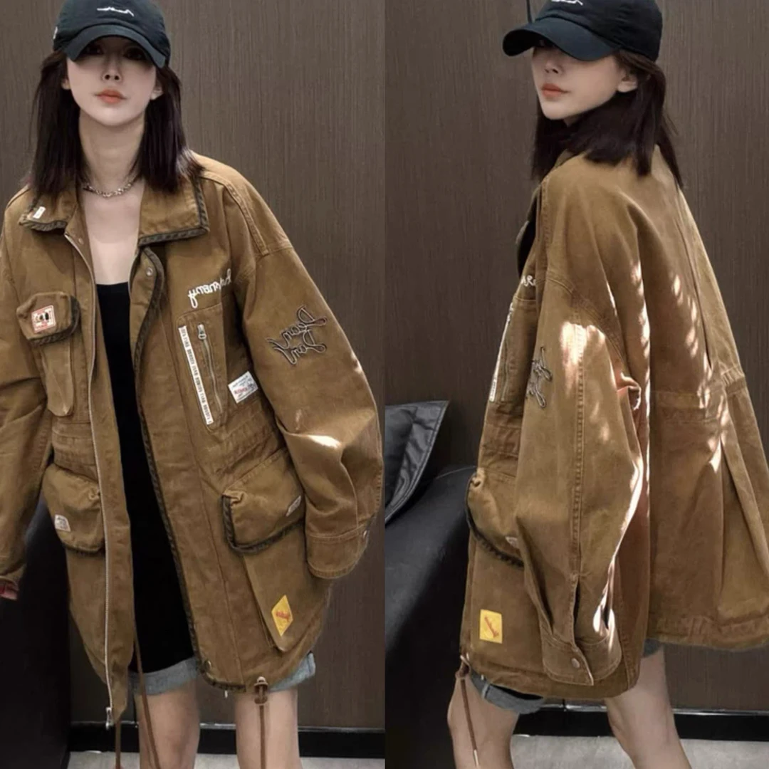2025秋季新款宽松大版抽绳收腰重工刺绣宽松棒球服外套