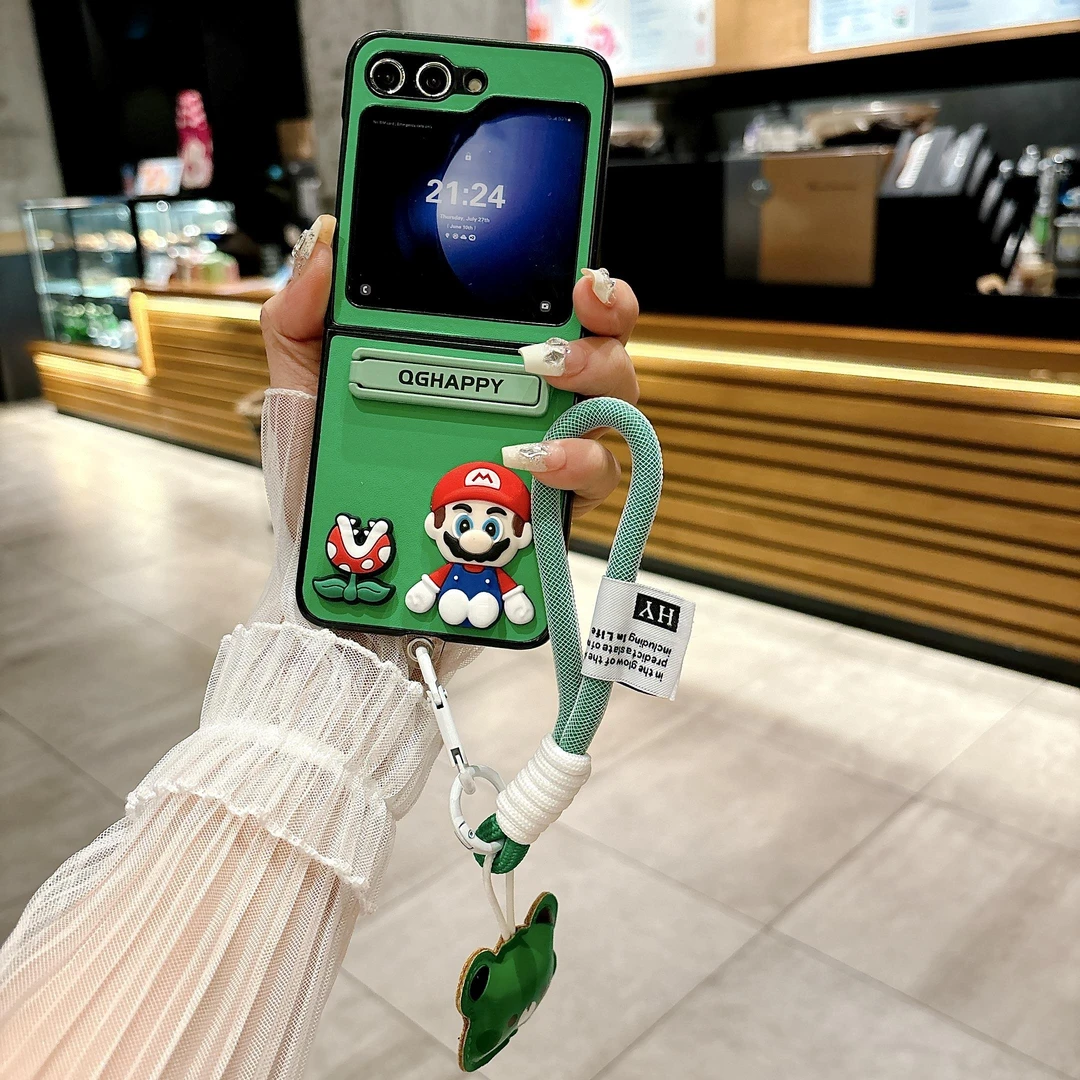 原装正品适用皮质三星zflip6手机壳马里奥GalaxyZFlip5折叠屏带支