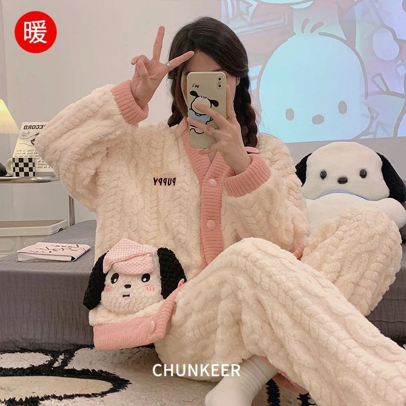 珊瑚绒睡衣冬季加厚加绒女冬天提花绒秋冬款开衫和服家居服套装