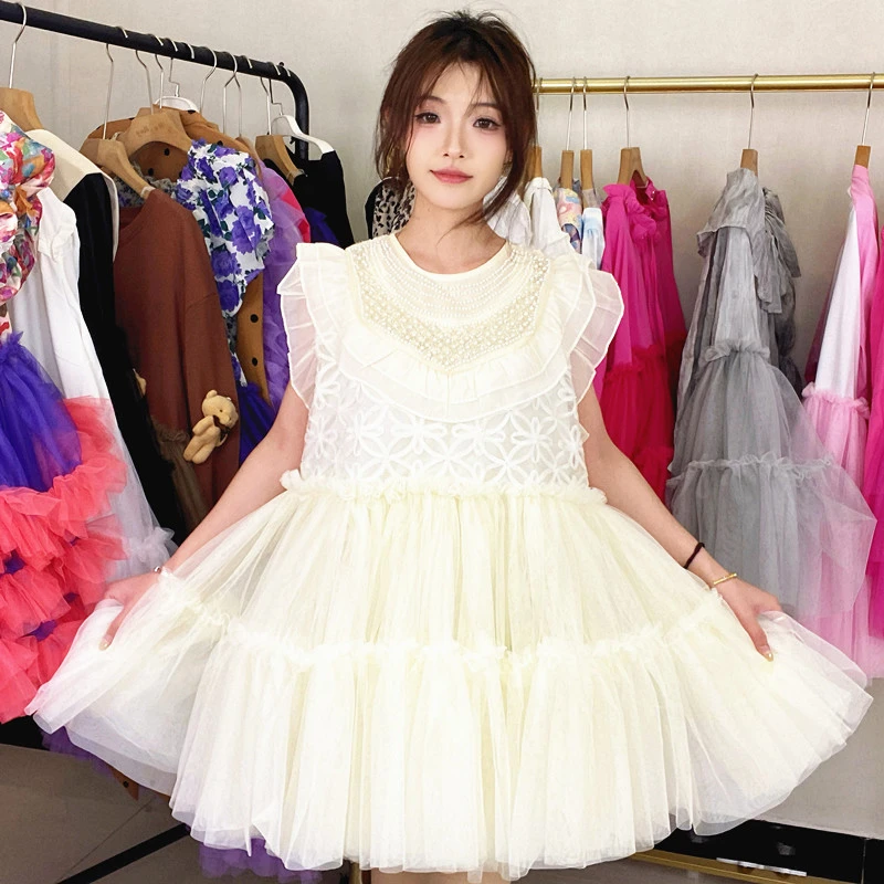 设计师款春夏网纱拼接连衣裙女款洋气重工蓬蓬裙漂亮别致纯色小衫