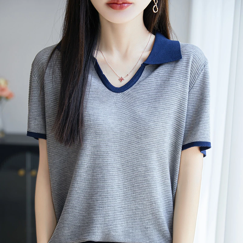 清爽舒适不贴身！女士莱赛尔天丝撞色POLO领短袖针织半袖宽松显瘦