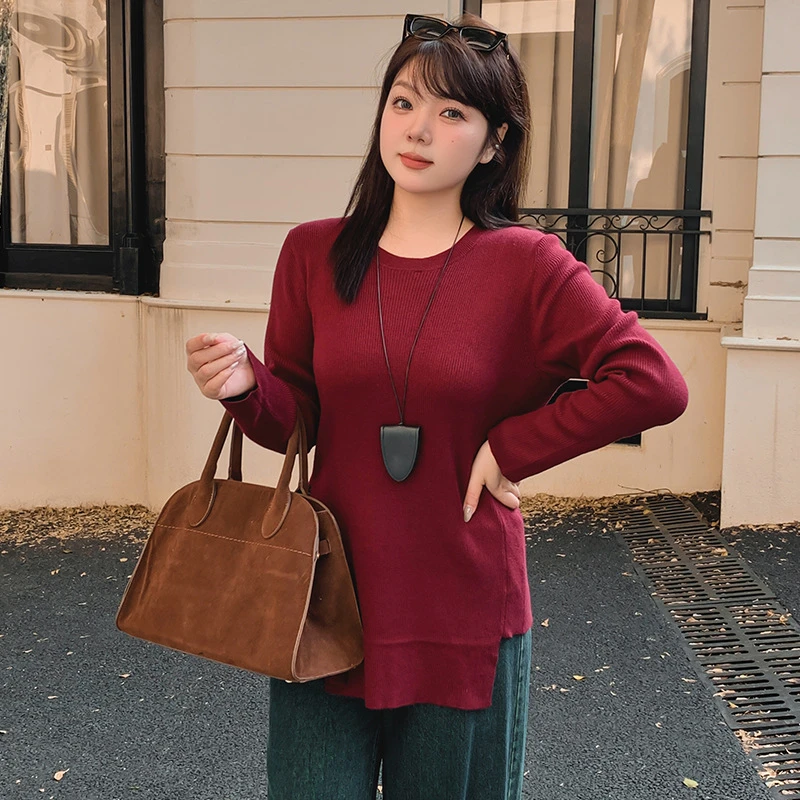 大码女装不规则开叉上衣2024冬款胖mm外穿内搭毛衣女针织衫22777
