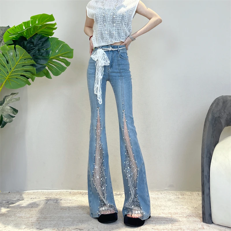 迪否夏薄款新款时尚蕾丝拼接微喇牛仔裤女烫钻修身显瘦高腰喇叭裤