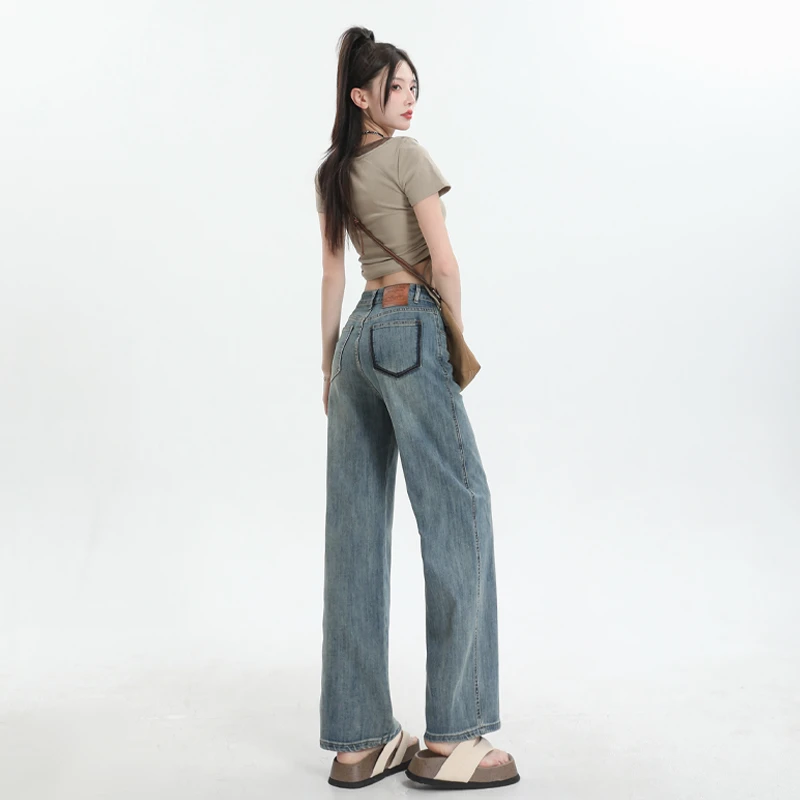 2025春夏新款撞色牛仔裤女弹力高腰宽松直筒垂感百搭阔腿裤