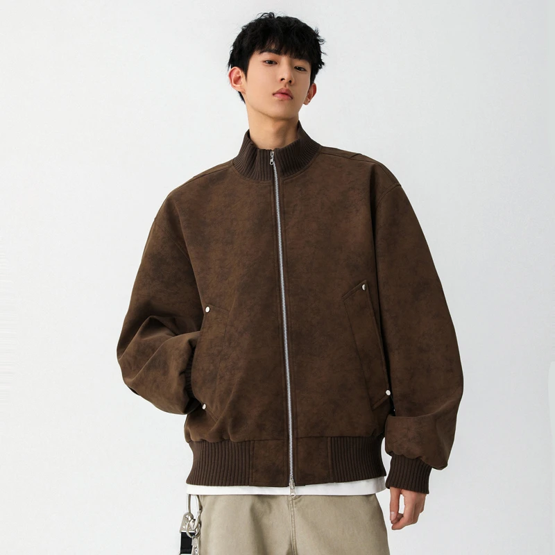 春季上新男士复古简约机车皮衣短款外套潮流宽松休闲百搭立领夹克