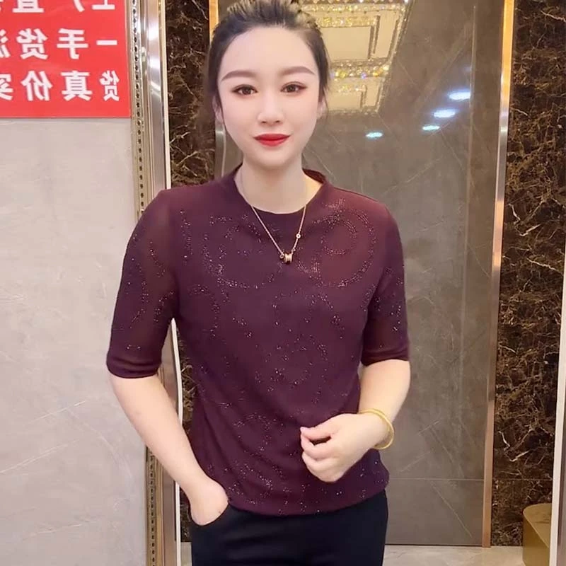 夏季新款重工烫钻显瘦气质减龄T恤洋气时尚百搭半袖修身女士上衣