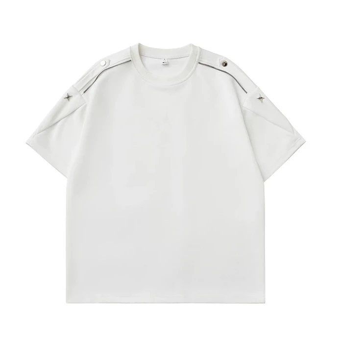 【逗逗】美式高街金属装饰短袖T恤复古宽松潮流百搭半袖体恤T53