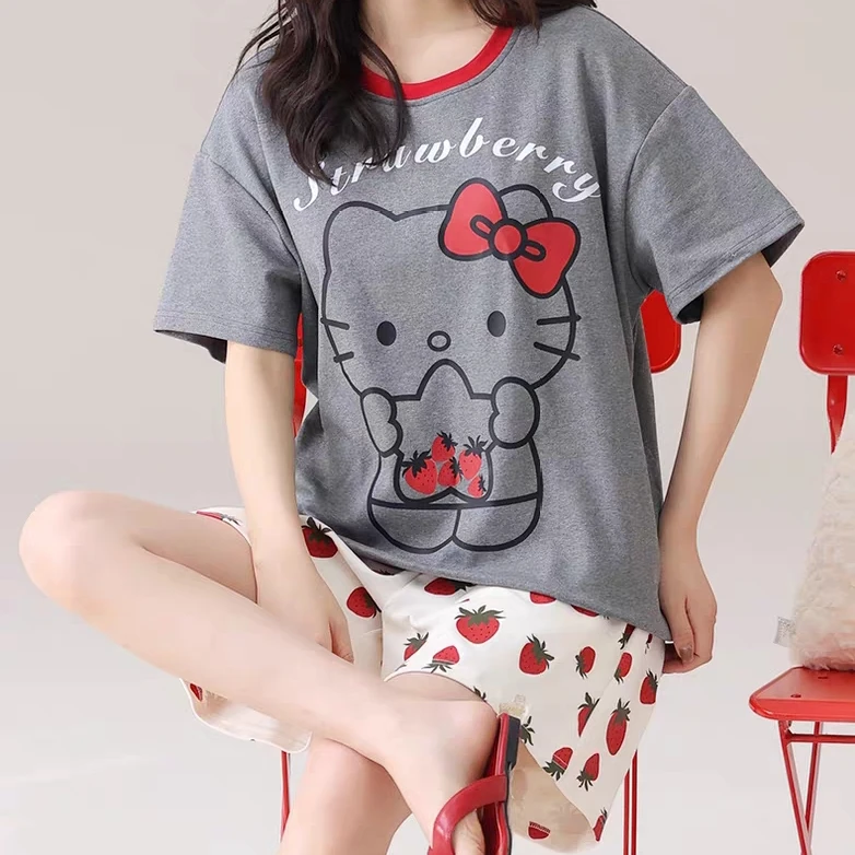 【草莓凯蒂】日系夏季舒适短袖带胸垫睡衣家居服