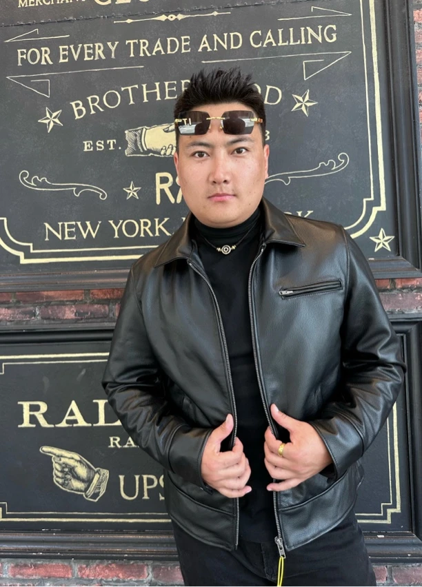 【诺荣】男士头层牛皮皮衣  翻领修身皮夹克外套