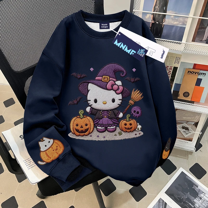 卡通Kitty猫万圣节女童圆领卫衣秋冬季新款中大童加绒加厚上衣服