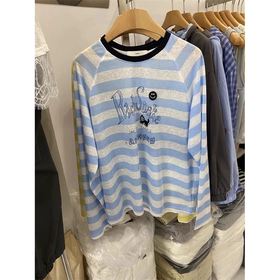 韩系撞色条纹防晒衣T恤衫女春夏大码胖mm宽松慵懒风休闲上衣