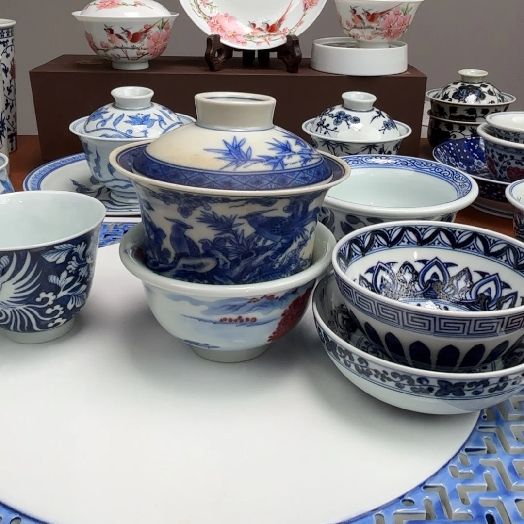 W***王茶具贴花花鸟盖碗景德镇发货