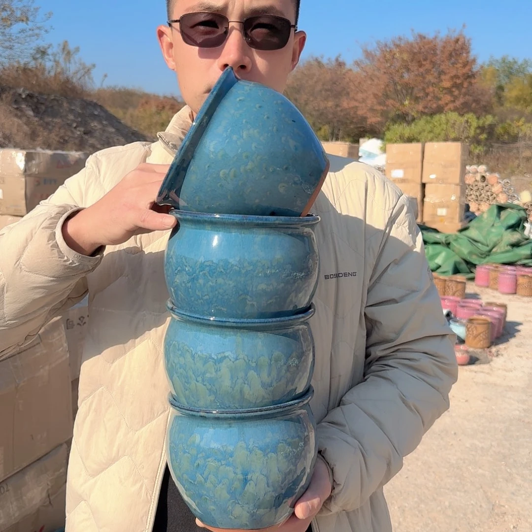 紫砂花盆口15高14（四个蓝雪花