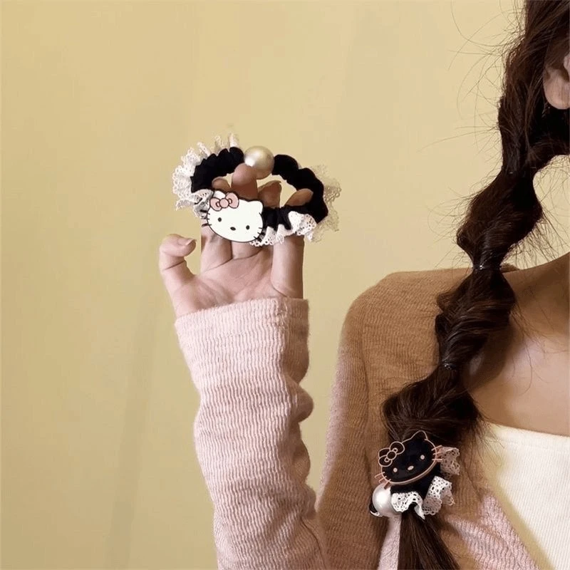 小香风蕾丝边kitty凯蒂猫小肠发圈2025新款少女心卡通高马尾发绳