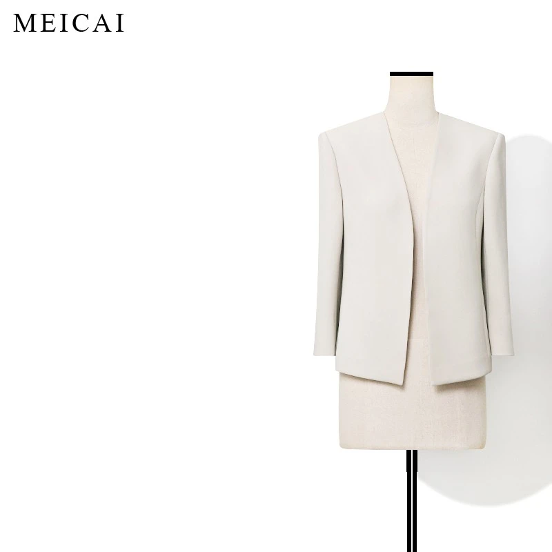 美裁 醋酸极简气质夏季时尚八分袖无领西装外套女通勤舒适
