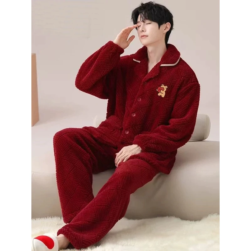 本命年红色男士睡衣冬季珊瑚绒长袖加厚保暖韩版卡通休闲男家居服