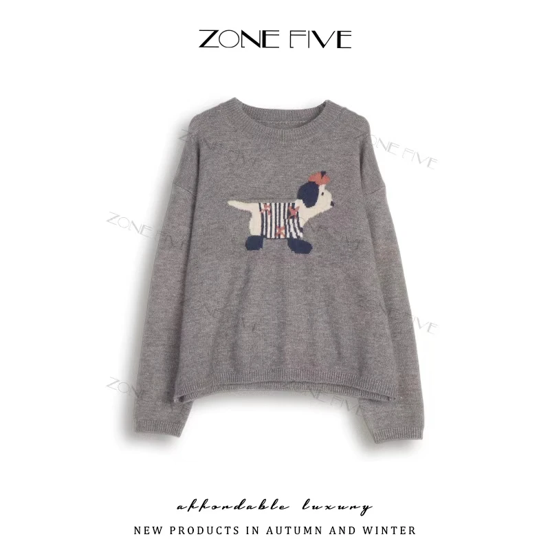 【zonefive】秋冬2025新款时尚百搭女圆领卡通长袖慵懒风针织上衣