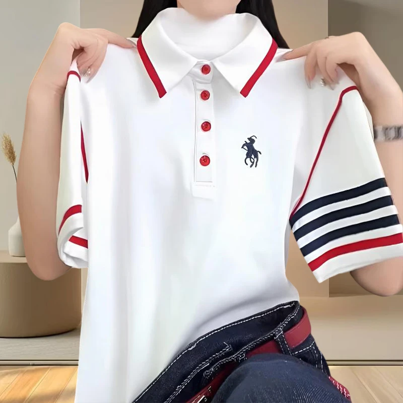 时尚翻领短袖女款爆款2025新款韩版百搭t恤休闲通勤撞色纯棉上衣