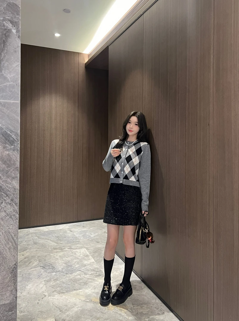 【BAGALIO】【千禧学院】学院风圆领菱格纹针织开衫 1222