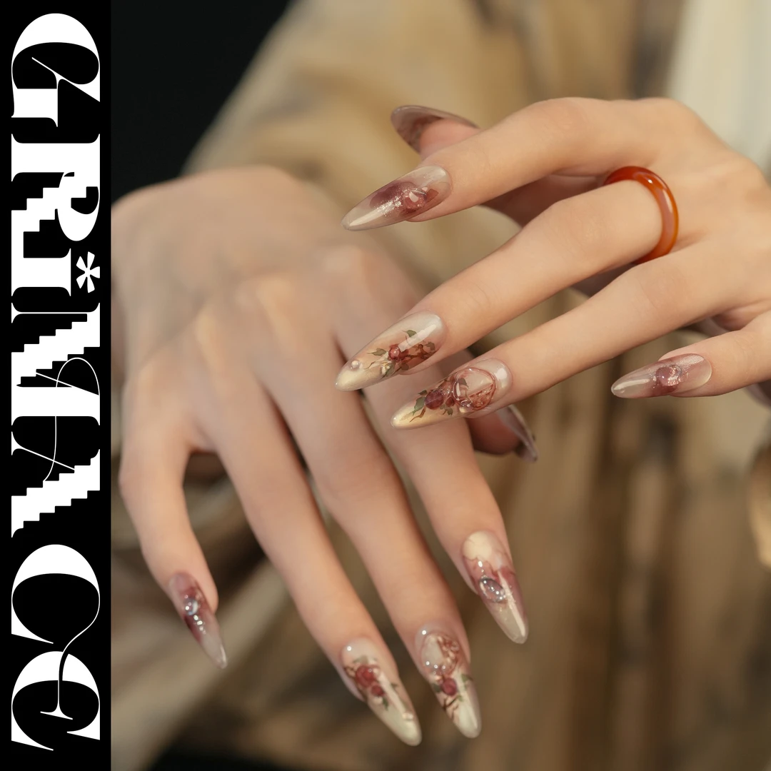 【妃子笑】怪相录纯手工玻璃珠猫眼手绘晕染花瓣显白气质国风穿戴甲