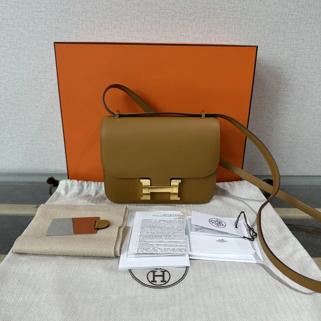 99新 Hermes/爱马仕 芝麻色金扣康康19单肩斜挎包 23259
