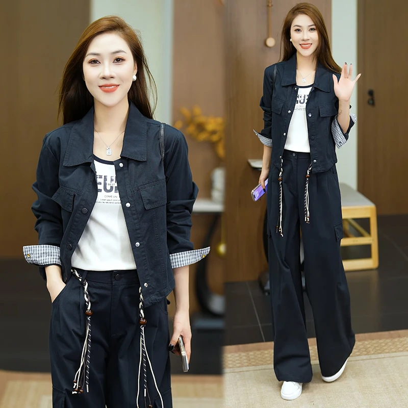 秋季套装女2025新款时尚洋气显瘦长袖外套工装裤休闲减龄三件套