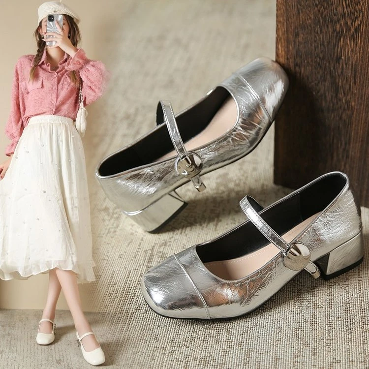 【4cm-跟高】春季圆头舒适百搭小银鞋单鞋